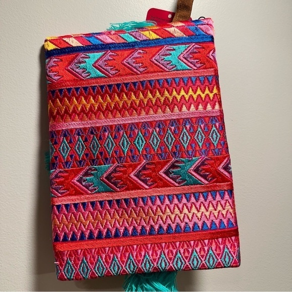 Ethnic Boho Large Clutch Suede Wristlet Bag Handmade Embroidery Tassels Indi NEW - Picture 5 of 16
